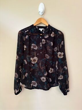 FRANK & OAK Black Semi-Sheer Chiffon Floral Printed Longsleeve Blouse XS